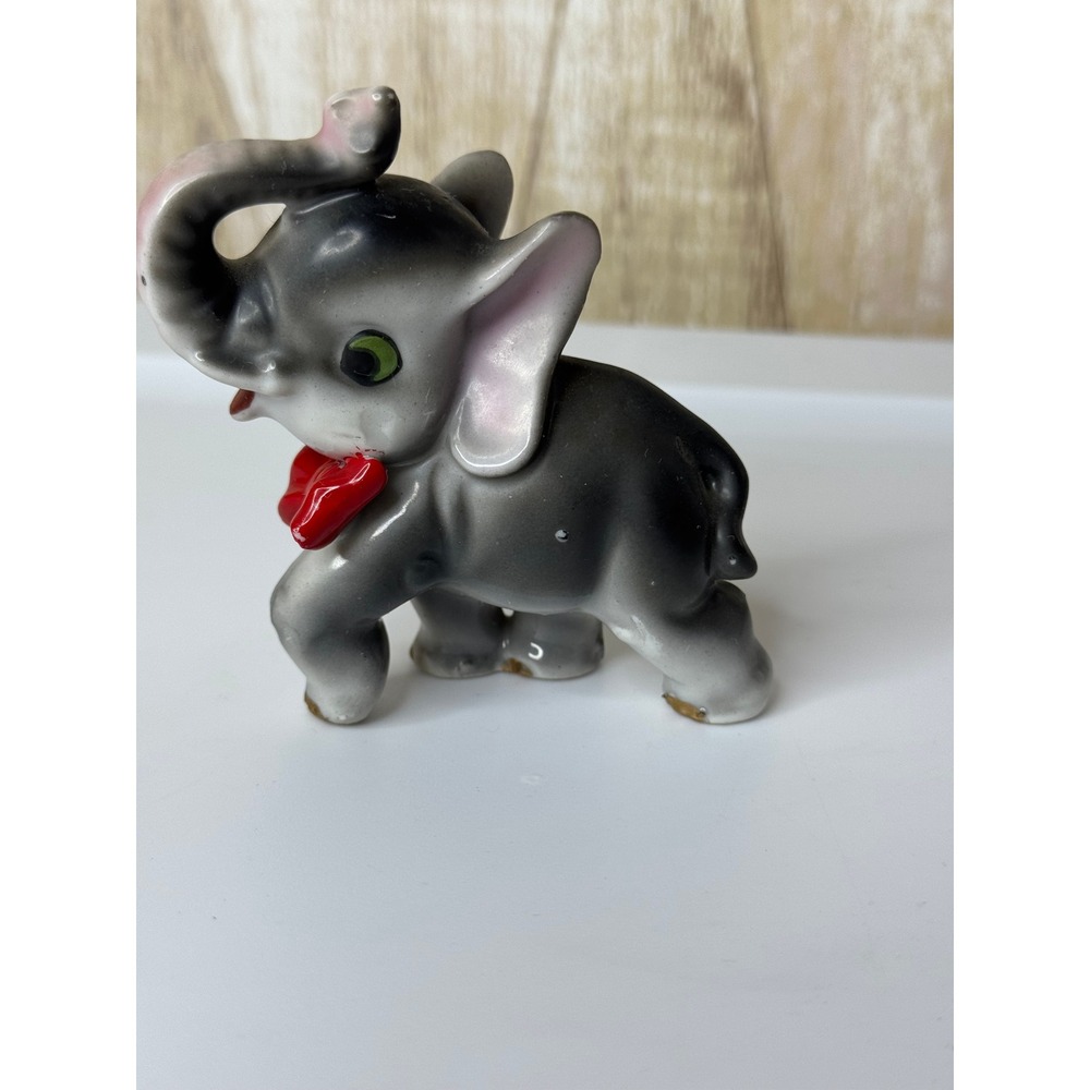 Vintage Anamorphic Elephant Figurine Japan Mid Century Trunk Up Bow Tieβ